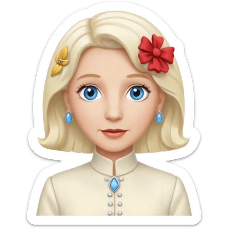 Patty Andrews from The Andrews Sisters with blue eyes, platinum blonde hair, ivory outfit sticker