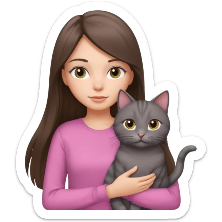 a white girl with brunette long straight hair holding a grey cat. the girl has long lashes and has on a pink shirt. sticker