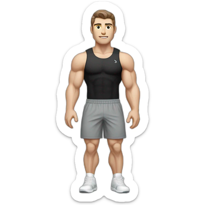 Pale skinned Fit Man With the biceps and dark brown hair in black shirt, gray sports shorts and white Sneakers Relies on the crossbar sticker