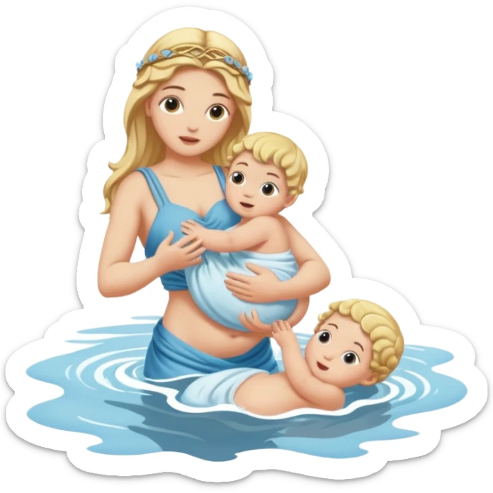 greek goddess dipping baby in river holding baby upside down by ankle sticker
