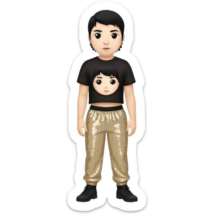 Chino Moreno with black hair, black sequin crop top, beige sequin baggy pants sticker