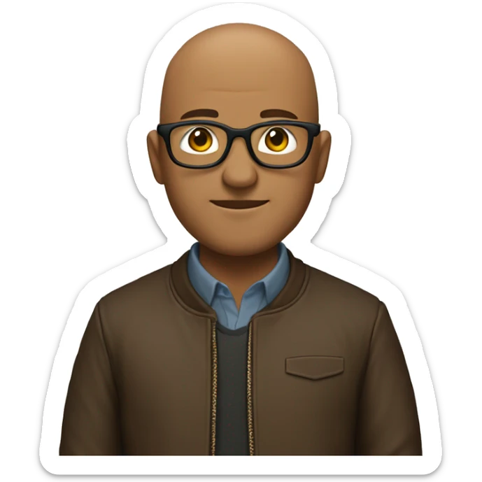 bald man with glasses and hair onlu on the sides of thehad with a brown leathr jacket sticker
