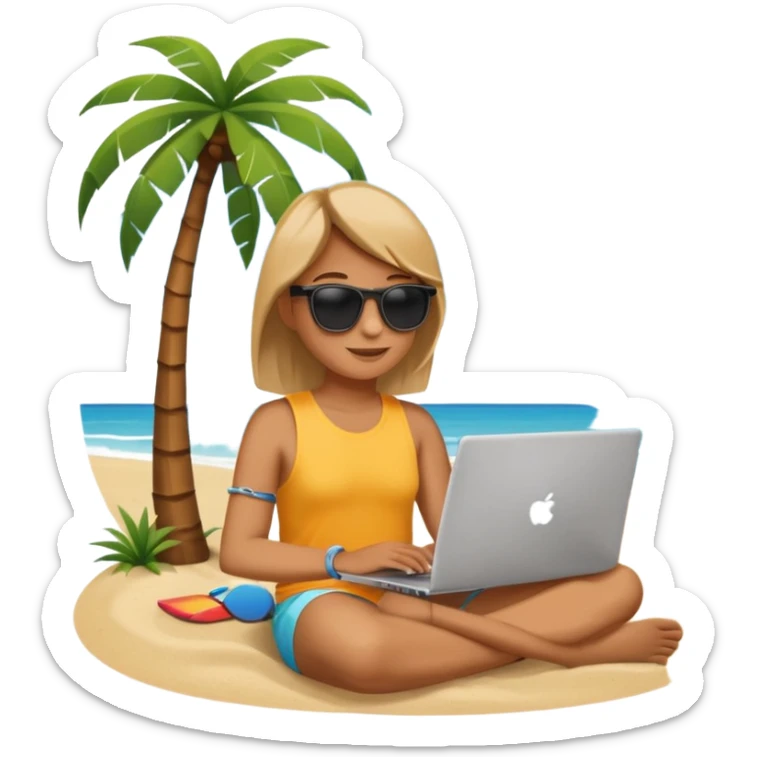 A minimalist emoji-style icon: A gender-neutral person sitting with a laptop on the beach. A palm tree nearby, sun and sea in the background. Relaxed, summery atmosphere. Simplified shapes, no detailed facial features, clean emoji-like design. sticker