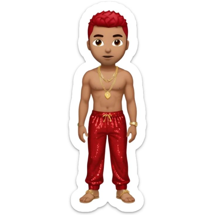 Ginuwine with red sequin baggy pants, shirtless with necklace, dark brown hair sticker