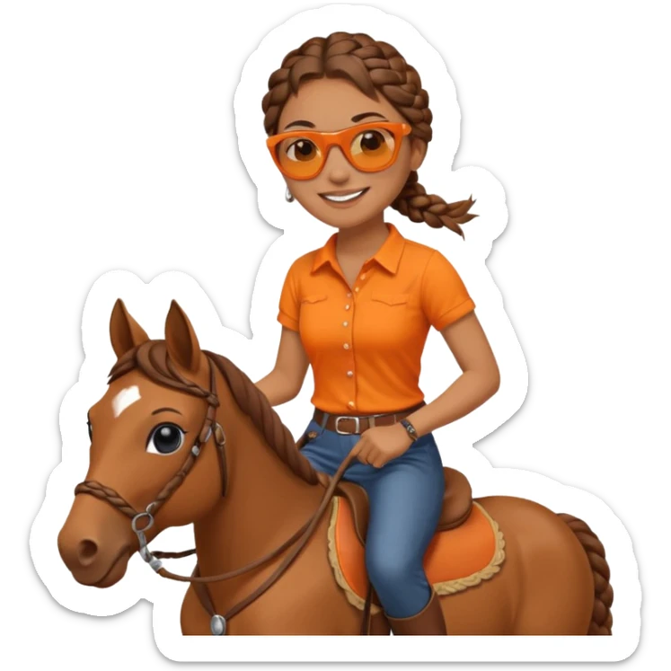 smiling woman with braided hair, sunglasses, orange shirt, riding a horse, cheerful and expressive emoji sticker