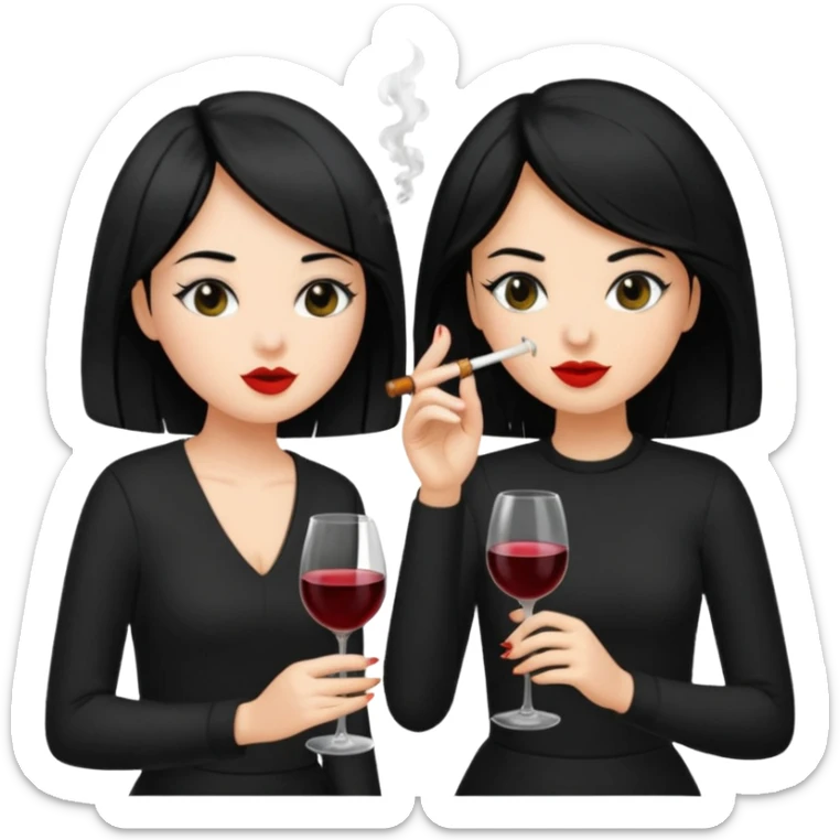 2 girls in black 1 smoking and other girl drinking wine black hair  sticker