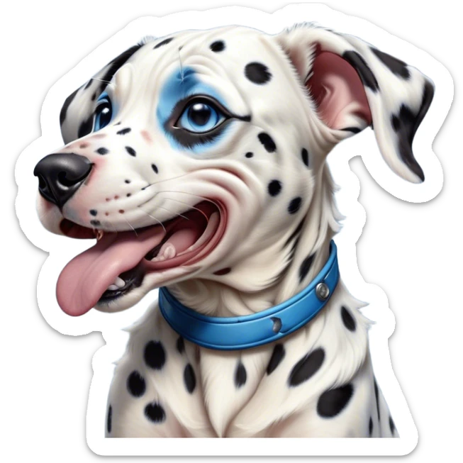 Cinematic Cute Yawning Harlequin Dalmatian Portrait Emoji, Head tilted slightly with a dramatic, wide-open yawn, showcasing a smooth Fur of predominantly white with bold black patches, floppy ears slightly drooping, round blue eyes barely open in drowsy contentment, Simplified yet irresistibly adorable features, highly detailed, glowing with a soft, cozy glow, high shine, relaxed yet expressive, stylized with a touch of whimsy, bright and endearing, soft glowing outline, capturing the essence of a sleepy yet affectionate guardian, so drowsy it feels like it could stretch out of the screen and curl up for a nap! sticker