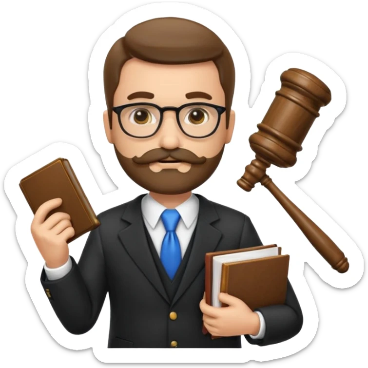 “Create a clean, modern emoji-style illustration of a male lawyer. He is wearing a formal suit jacket. He is holding a judge’s gavel (QUE SE VE DE COSTADO) in one hand and has a law book tucked under his arm. He has a mustache and beard (BARBA)!, and GLASSES sticker