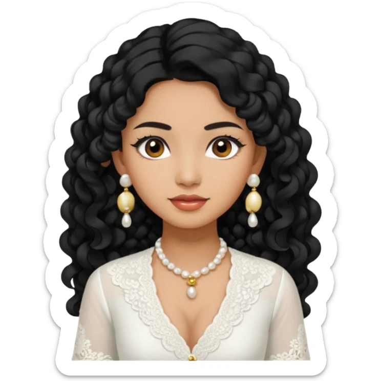 tan skin women, with black long Curly hair, wear white kebaya , and little pearl earring sticker