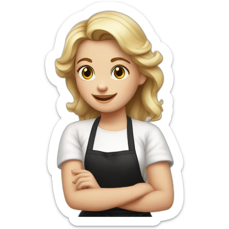 Slavic girl in a white T-shirt and black apron waves her right hand and smiles sticker