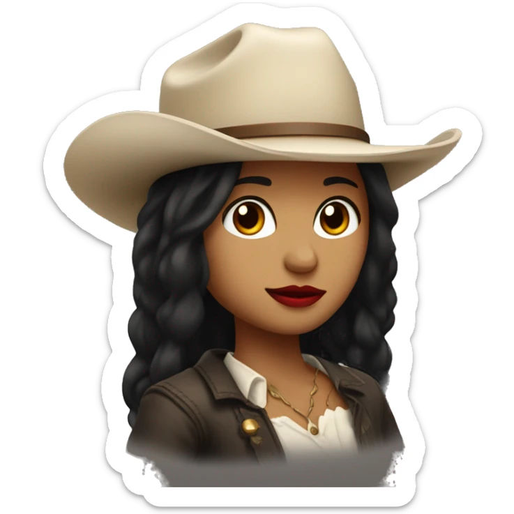 straight black hair,red lipstick,hazel eyes, white skin, a small nose and a cowboy hat  sticker