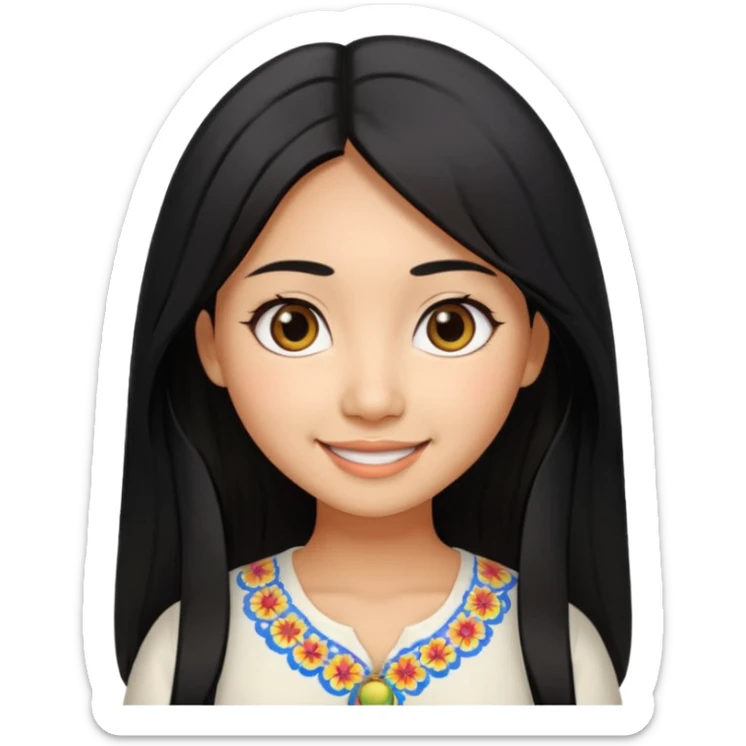 30 yr old asian woman center parted hair big eyes big smile tanned skin straight black hair hippie part hair white blouse sticker