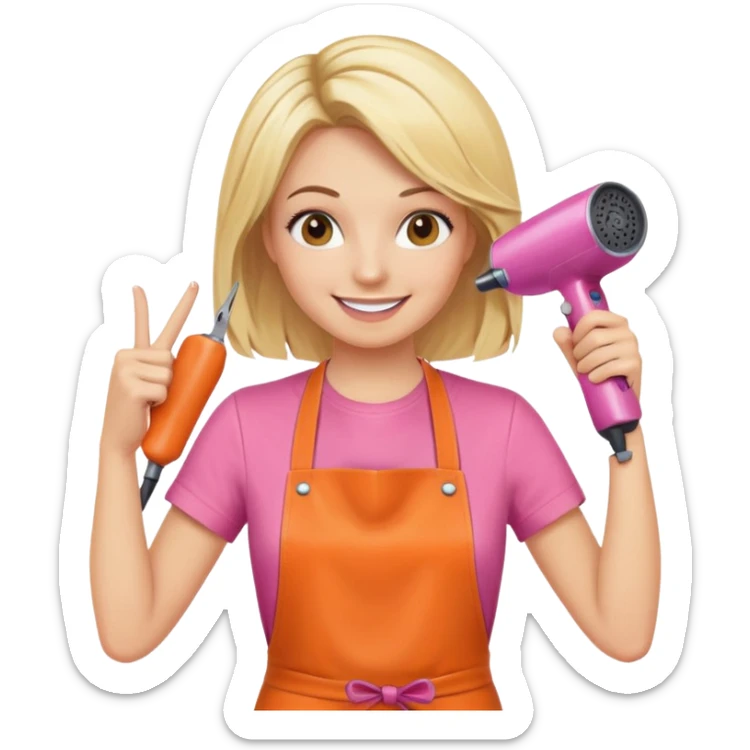 blonde female hairstylist smiling, pink t-shirt, orange apron, hands up, holding scissors and hairdryer clearly shown sticker