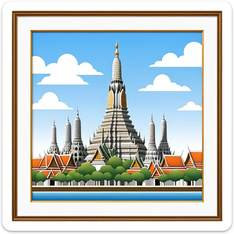 Cinematic Realistic Wat Arun Landmark Emoji, depicting the towering temple spires adorned with intricate porcelain mosaics sticker