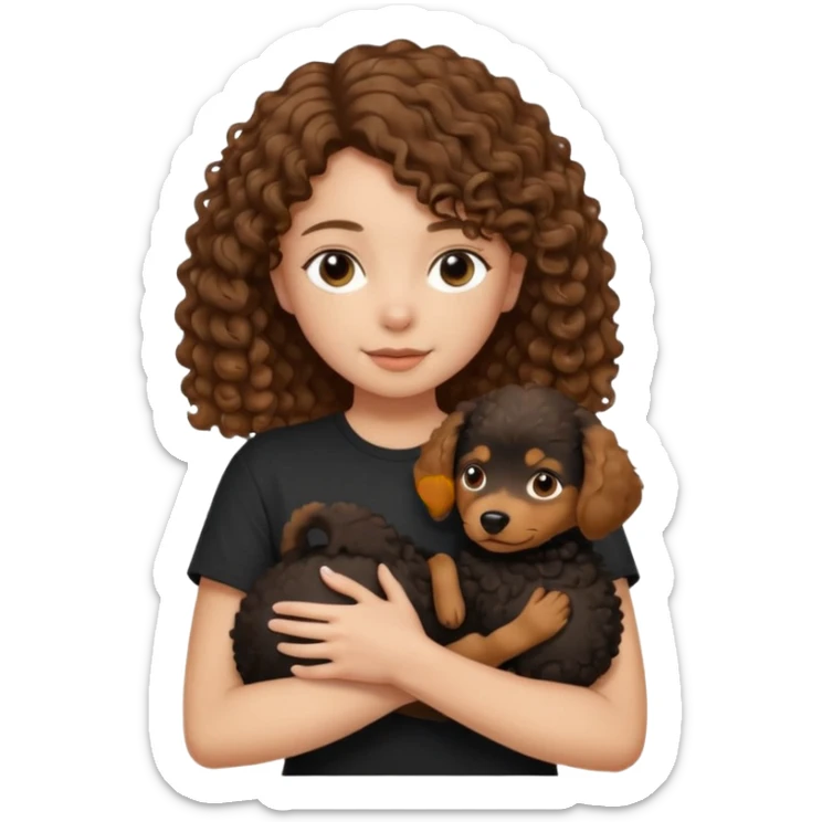 A girl with shoulder-length hair, dressed in a black tee, gently holding a curly-haired brown dog in her arms." sticker