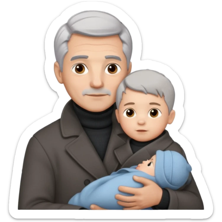 A father with silver-grey hair styled neatly and a clean-shaven face, wearing a dark turtleneck and wool coat, holding his baby sticker