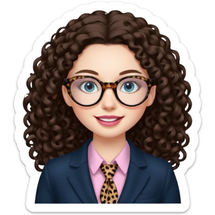 A girl with white pale skin, blue eyes, full lips, brunette long curly hair. She has a leopard print round-ish shaped glasses. She is wearing a all black suit with light pink blouse inside the suit. She is making a self care face mask  sticker