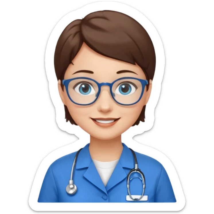 Blue eyes very short brown hair with glasses woman in care assistant blue uniform sticker