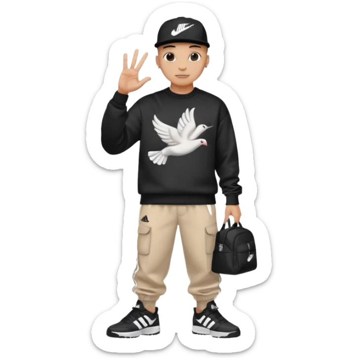 Crea Un Emoji De Cuerpo Completo Que Sea Hombre Con Corte Alucin Que Tenga Gorra Nike, Suéter Negro Que Tenga La Letras LA El La Parte Del Corazón, Zapatos Adidas Con Una Palomita✅, Pantalón Ancho O Bellaco Con Unos Diseños De Palomas Blancas Y Asiendo Una Pose Con Su Mano Que Sea Está 🤙🏽. sticker