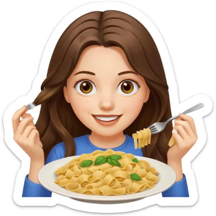 smiling white long brunette hair girl with hazel eyes with pasta sticker