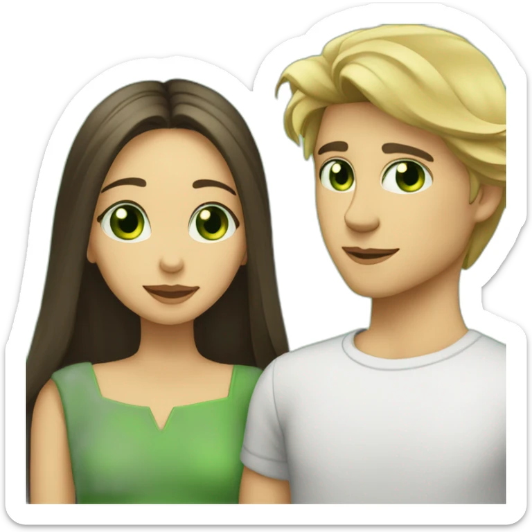 a blond boy with green eyes kisses a brunette girl with long straight hair and  green eyes on the cheek sticker