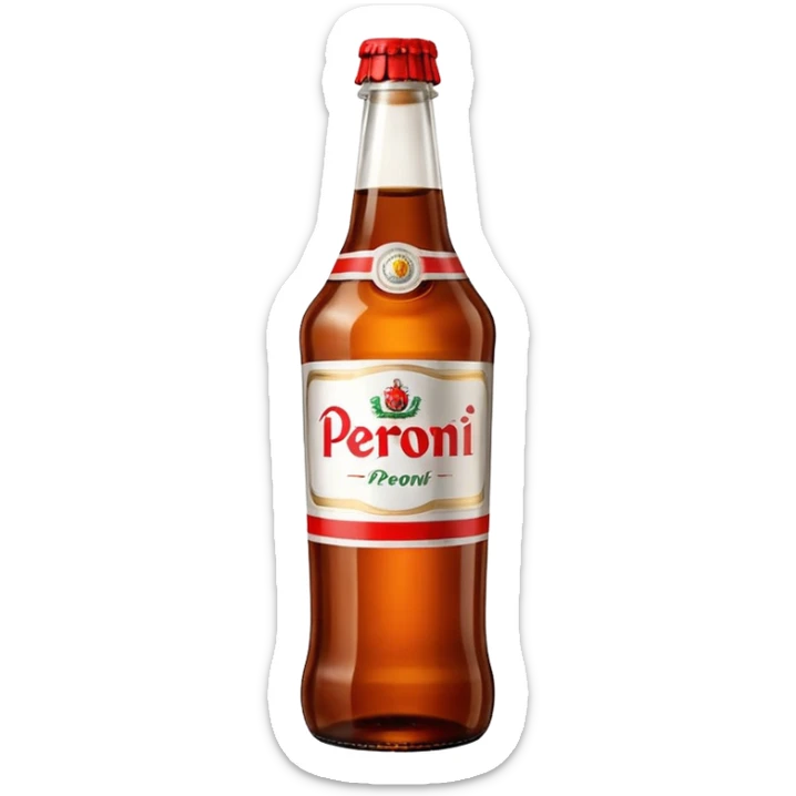 Glass bottle Peroni with red marketing tape and a brown glass bottle color sticker