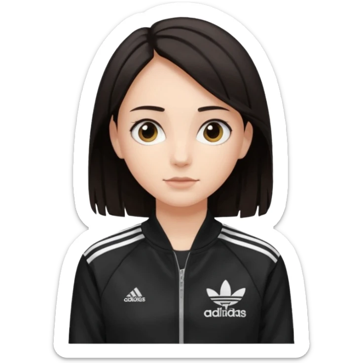 A girl with  medium-length, dark hair, fair skin. The style is a soft, layered cut that falls around her shoulders. wore black Adidas track jacket with white stripes on the sleeves. It has a full zipper down the front, a stand-up collar, and the Adidas logo on the right chest emoji sticker