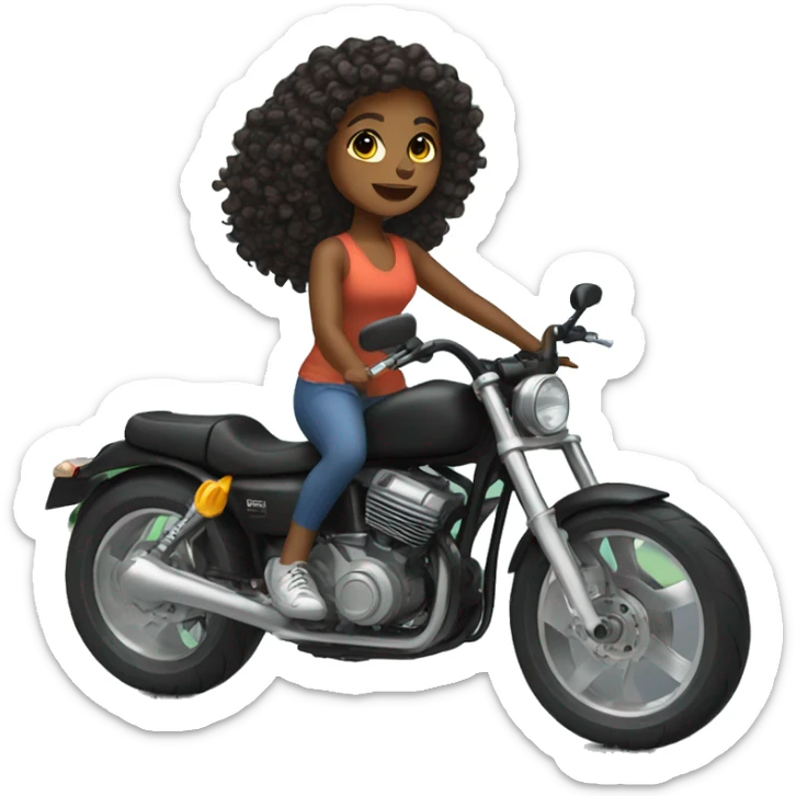 A brown skin girl with shoulder length curly black hair riding a black sports bike  sticker
