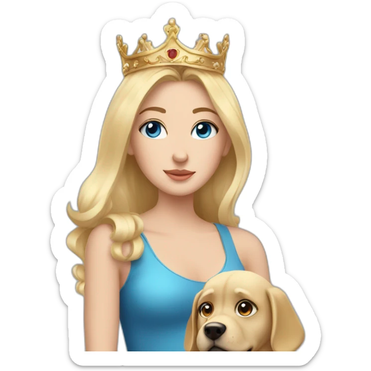girl with blue eyes and blonde hair in a penthouse with a crown and a dog sticker