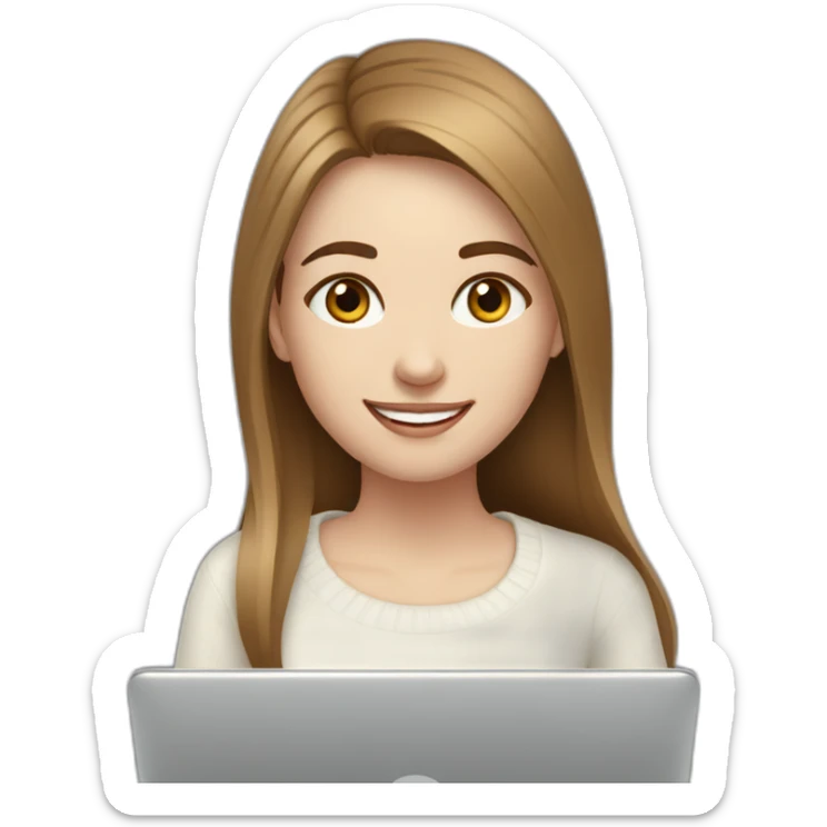 smiling woman with pale skin and middle brown long straight hair wearing a white woolly shirt and working on a two laptops sticker