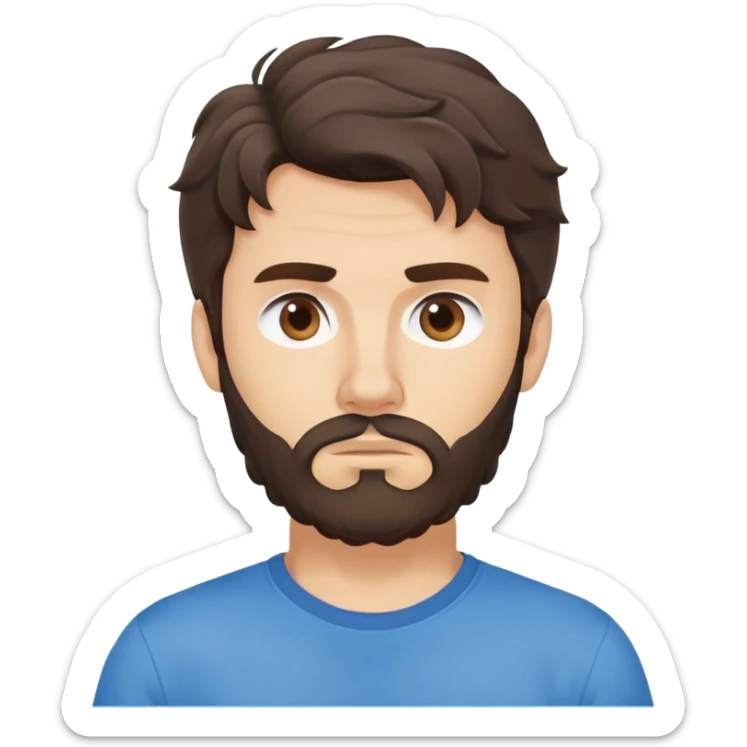 Caucasian Argentine man with wavy dark brown hair, longer loose hairstyle with wavy bangs, short full beard, serious-neutral expression, basic blue t-shirt sticker