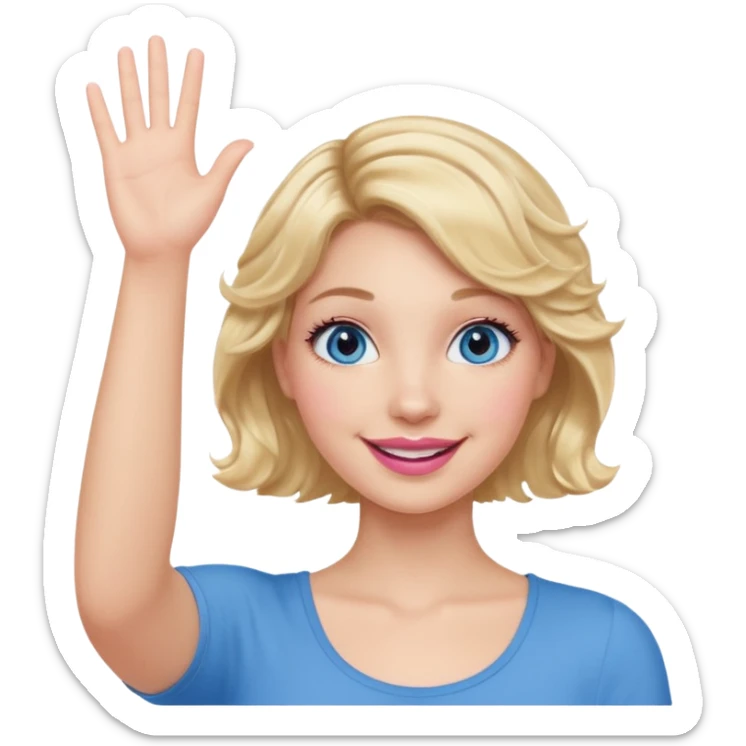 Girl Blonde short wavy hair,  blue eyes, cute blue top, long lashes, pink lips, smiling, one hand in the air sticker