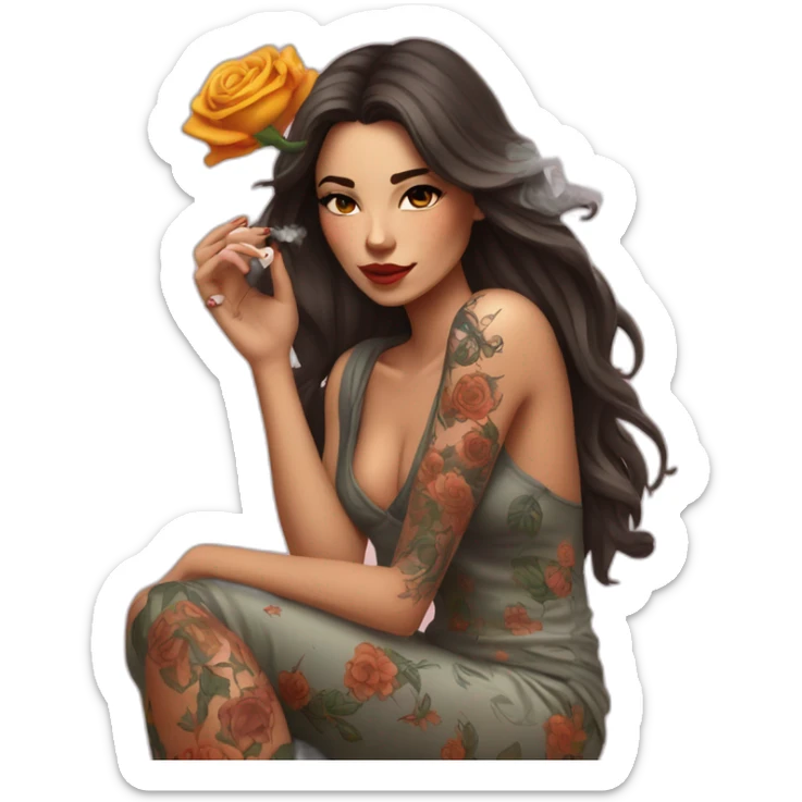 femme brune qui fume une cigarette avec tatouages de fleurs sur les bras sticker