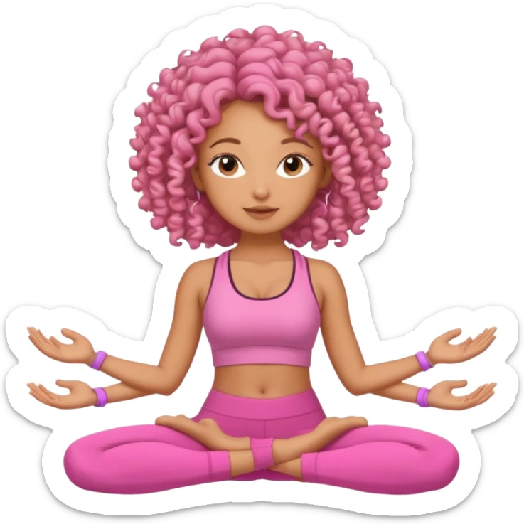 Uma mulher de cabelo cacheado, usando roupa de yoga rosa, em uma posição de yoga bonitinha sticker