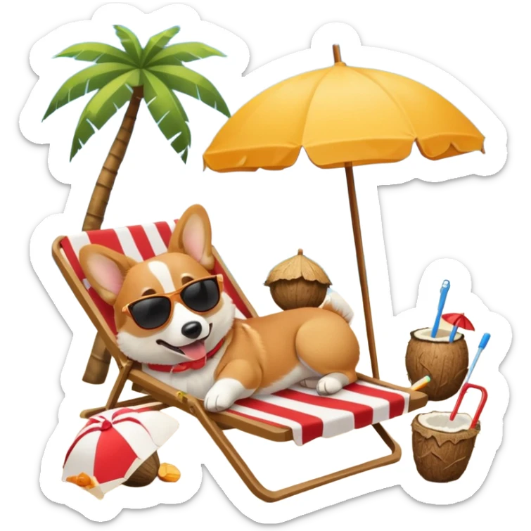 a corgi dog laied on a beach chair, a sunny beach, a sun umbrella, and beach coconut trees. the icon should capture the essence of a relaxing beach vacation with a carefree atmosphere sticker
