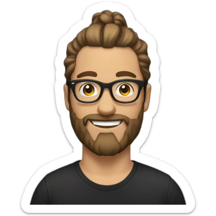 White Man with clear glasses with brown hair and a black tshirt and a man bun and beard sticker