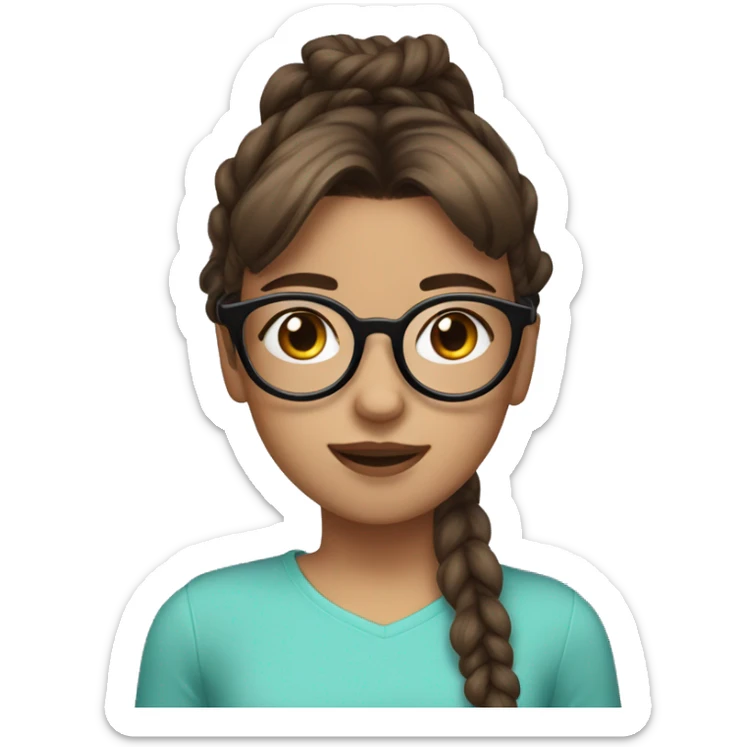 girl with oversized glasses and brown hair with bangs and a pony tail in a scrunchie sticker