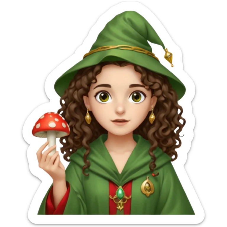 very beautiful italian girl, dark brown eyes, looking like Emma Watson, with curly and big volume very bright brown hair, and a golden piercing ring in nose on left side, dressed in a beautiful wizard robe of green colors, holding red fly mushroom sticker