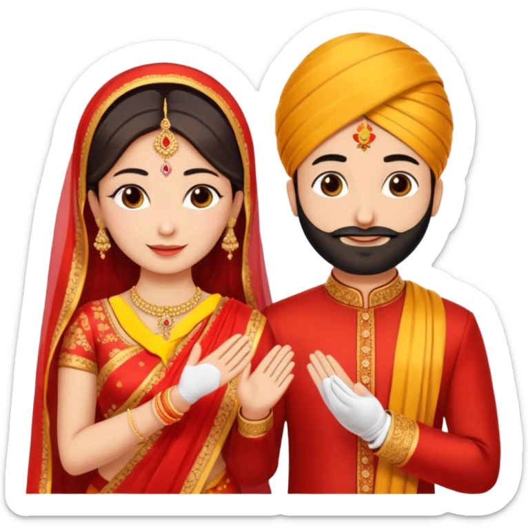 Two hands in a engagement..One hand of groom and one hand of bride. Bride dress - red/yellow saree. groom- light orange punjabi (oonly hands will be visible sticker