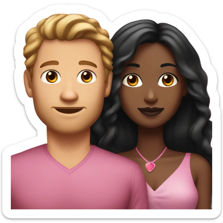 A handsome white man who has long brown hair and tanned skin with a pretty black woman who has long black hair and she is wearing a pink dress and they are a couple sticker