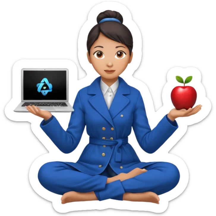 emoji of an asian woman with a single bun in a long blue coat sitting cross legged with dna levitating above one hand and an apple laptop above the other hand sticker