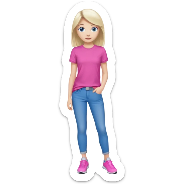 beautiful girl with fair hair, blue eyes, in a vivid pink shirt, grey jeans and white trainers sticker