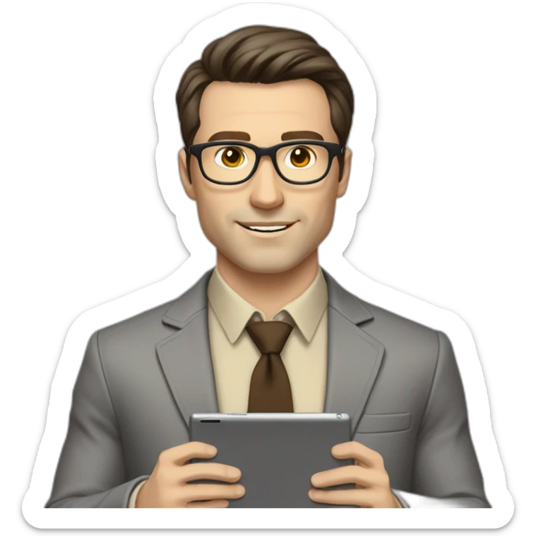Pale skinned fit man with dark brown hair in gray jacket, beige office shirt, brown tie, brown pants and vintage glasses Writing on the tablet sticker