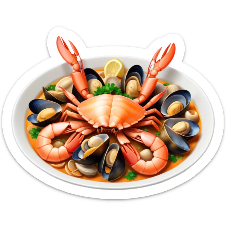 Cinematic Realistic Buzara Seafood Dish Emoji, depicted as a rustic, flavorful seafood stew with shellfish rendered with rich textures and dynamic, maritime lighting. sticker