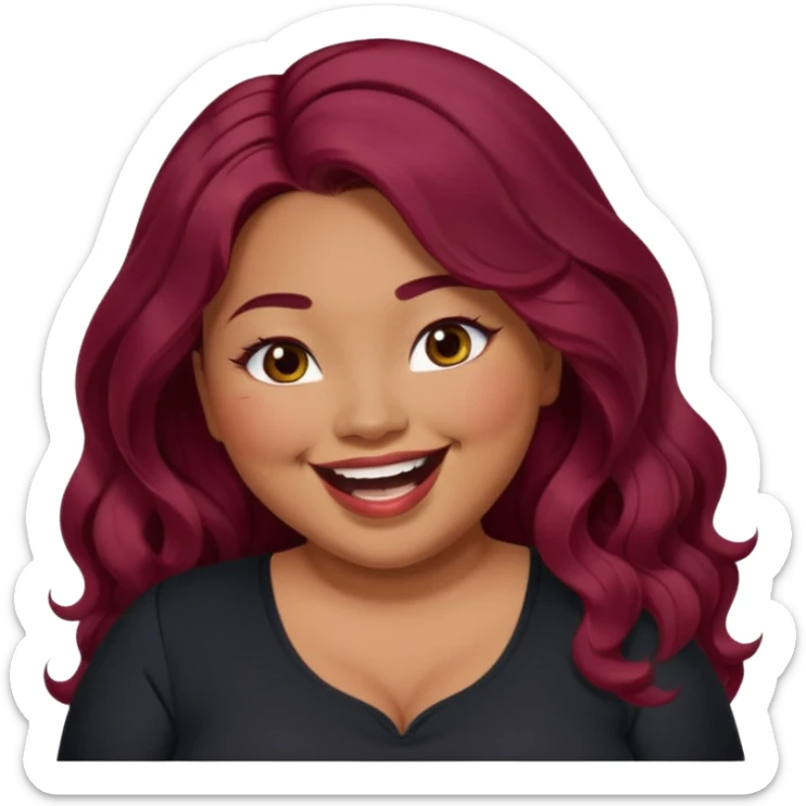 Plus size red hair brown face small eyes long hair Asian eyes small eyes wavy hair eye lashes burgundy hair black shirt laughing small slanted eyes sticker