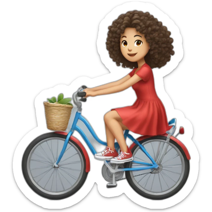 Taiwanese girl with lazy curly hair wearing red dress and converse shoes riding bicycle sticker