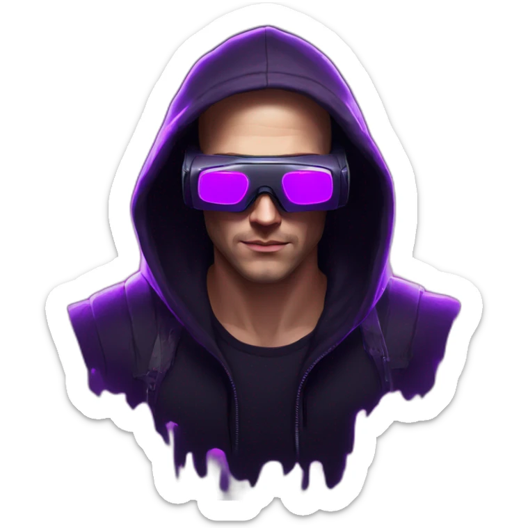 Russian man in the black hoody with violet OMG VR logo on it wearing vr headset. Cyberpunk style. Violet neon. sticker