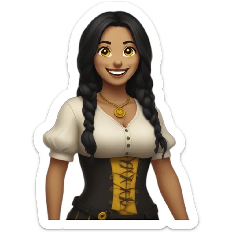 a woman, curvy, long black hair, yellow eyes, a septum piercing, tattoos, a black and yellow tavern keeper outfit, she laughs sticker