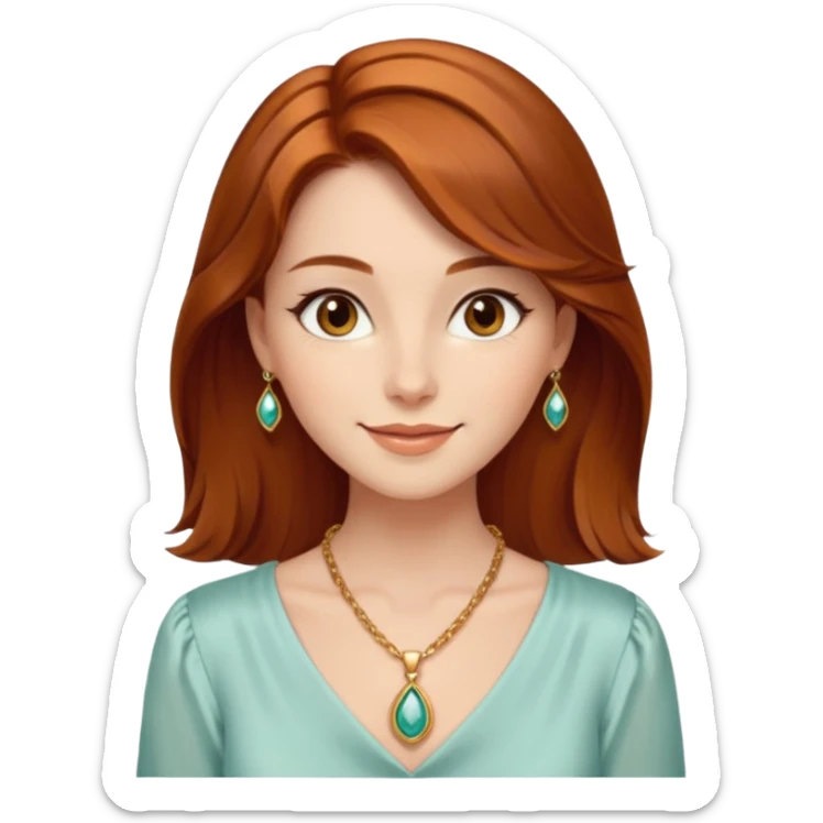 young elegant lady, shoulder-length auburn hair, silk blouse, gold pendant, warm smile sticker