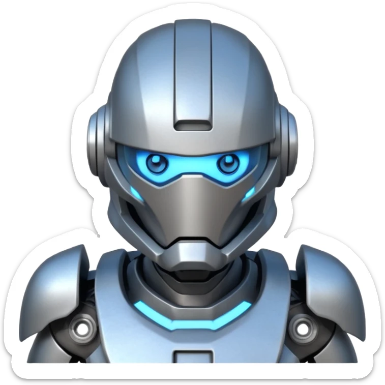 futuristic war robot portrait, head and shoulders only, glowing eyes, detailed helmet faceplate, armor collar, sci-fi metal textures, 3D cartoon, mobile game icon style, clean background, no text, no watermark
 sticker
